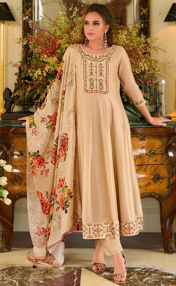 Pretty Beige Color Vichitra Fabric Designer Suit