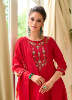 Pretty Red Color Vichitra Fabric Designer Suit