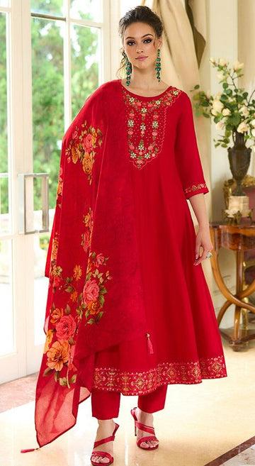 Pretty Red Color Vichitra Fabric Designer Suit