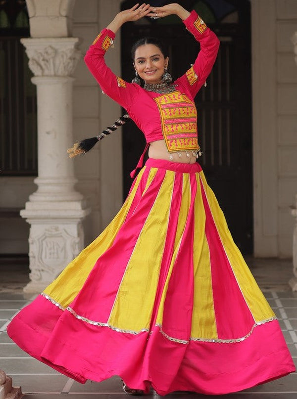 Magnetic Pink Color Silk Fabric Party Wear Lehenga