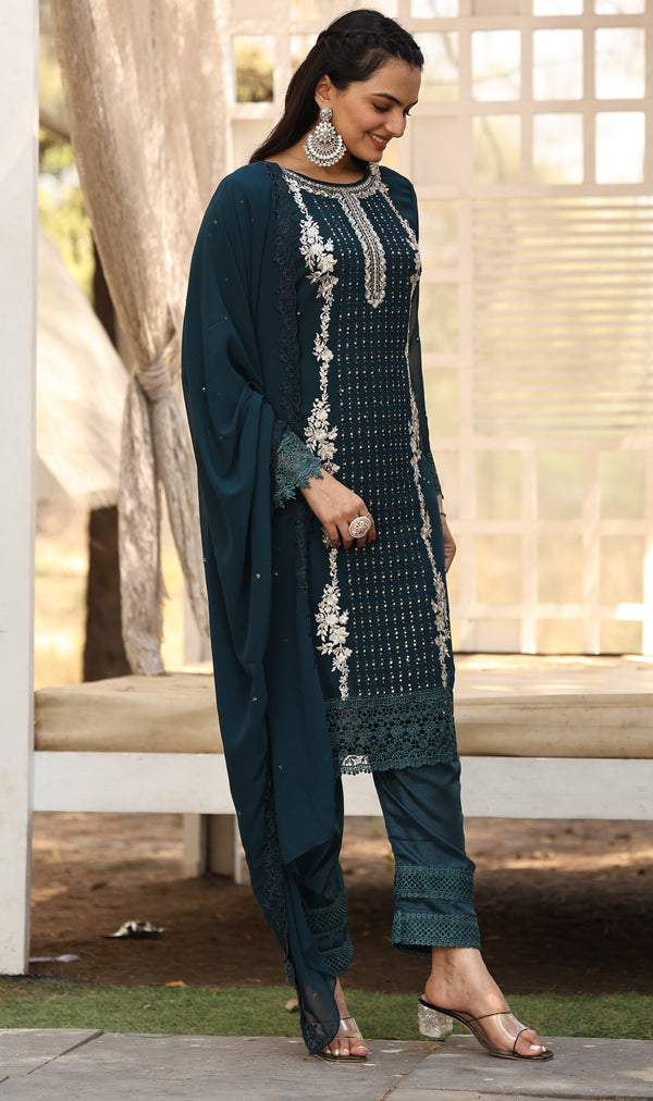 Divine Teal Color Georgette Fabric Designer Suit