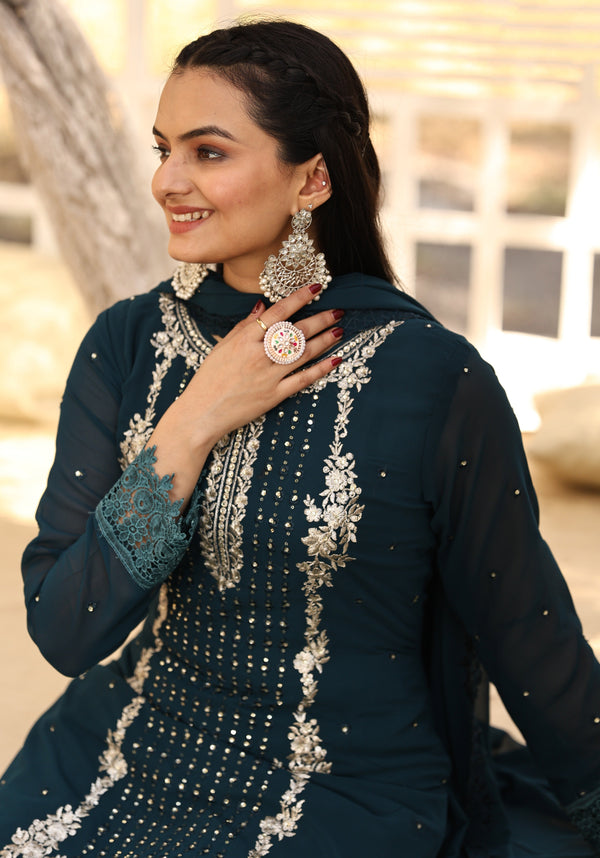 Divine Teal Color Georgette Fabric Designer Suit