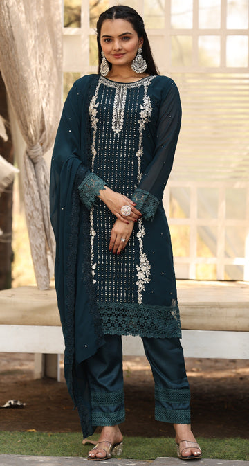 Divine Teal Color Georgette Fabric Designer Suit
