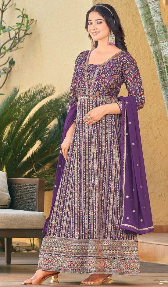 Amazing Purple Color Georgette Fabric Partywear Suit
