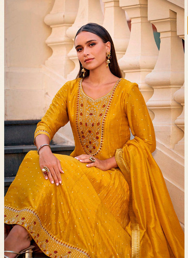 Pretty Mustard Color Vichitra Fabric Designer Suit
