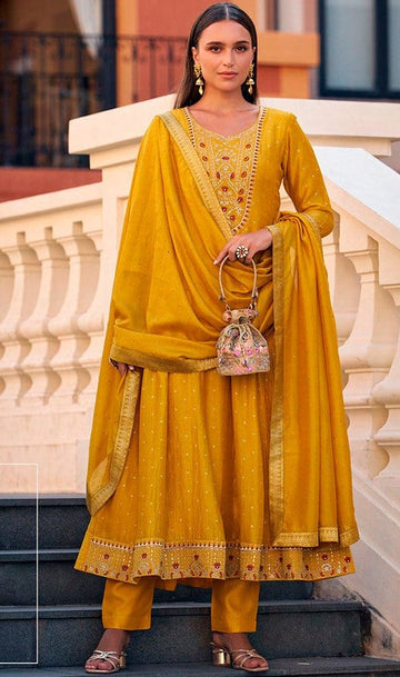 Pretty Mustard Color Vichitra Fabric Designer Suit