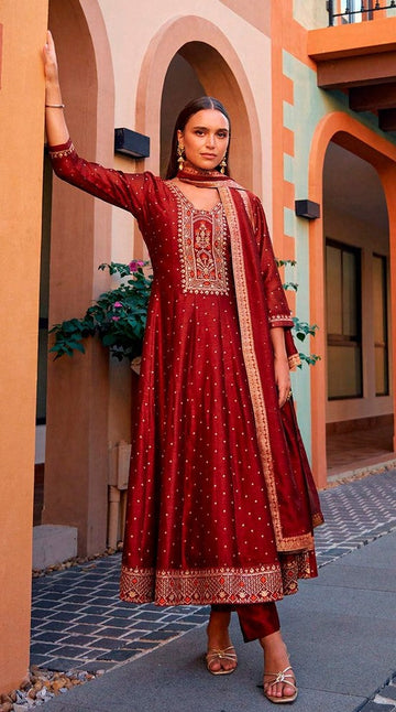 Pretty Maroon Color Vichitra Fabric Designer Suit