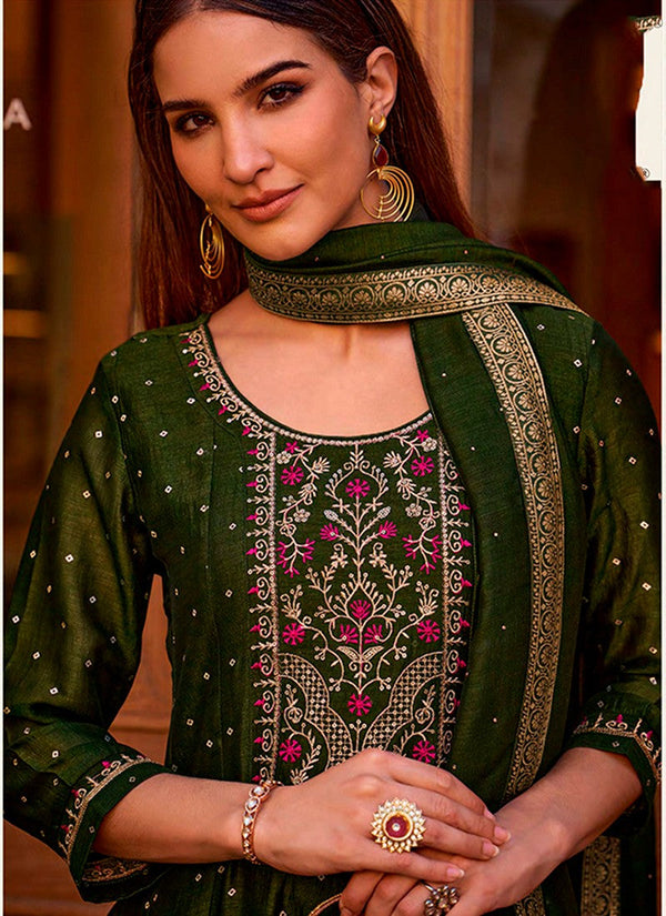 Pretty Green Color Vichitra Fabric Designer Suit