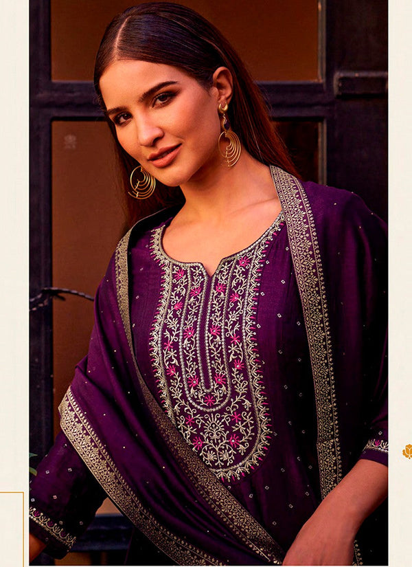 Pretty Purple Color Vichitra Fabric Designer Suit