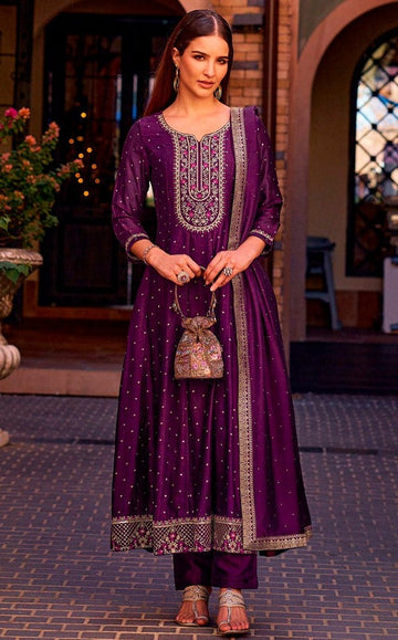 Pretty Purple Color Vichitra Fabric Designer Suit