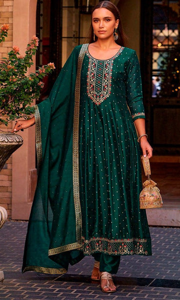Pretty Teal Color Vichitra Fabric Designer Suit