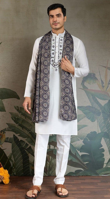 Superb White Color Viscose Fabric Mens Kurta With Dupatta