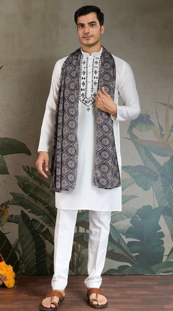 Superb White Color Viscose Fabric Mens Kurta With Dupatta