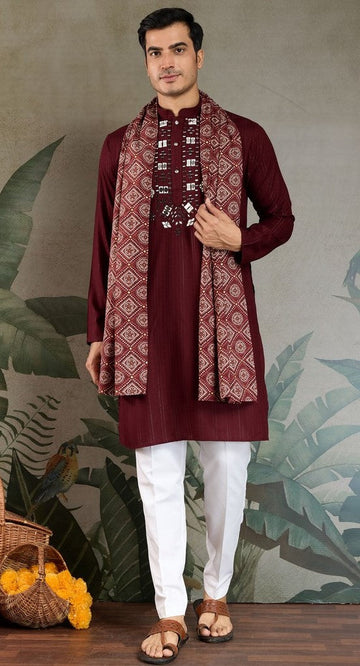 Superb Maroon Color Viscose Fabric Mens Kurta With Dupatta