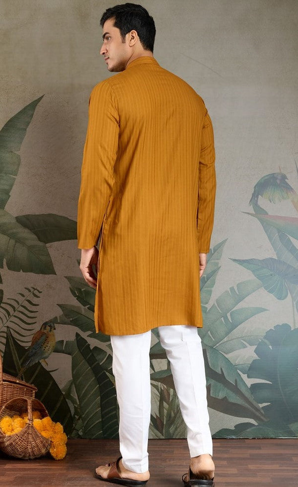 Superb Mustard Color Viscose Fabric Mens Kurta With Dupatta