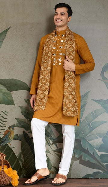 Superb Mustard Color Viscose Fabric Mens Kurta With Dupatta