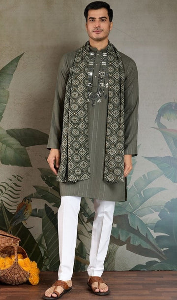 Superb Green Color Viscose Fabric Mens Kurta With Dupatta
