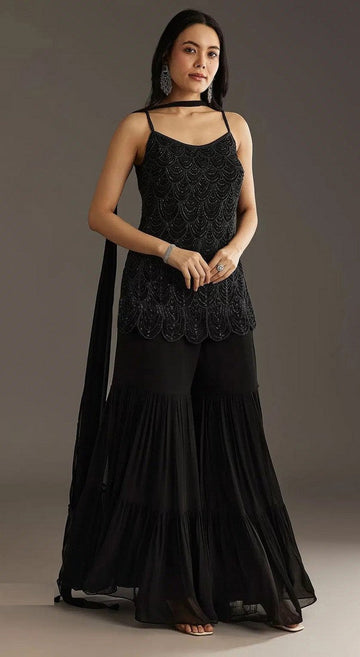 Tasteful Black Color Georgette Fabric Sharara Suit