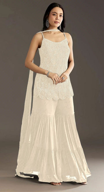 Tasteful Cream Color Georgette Fabric Sharara Suit
