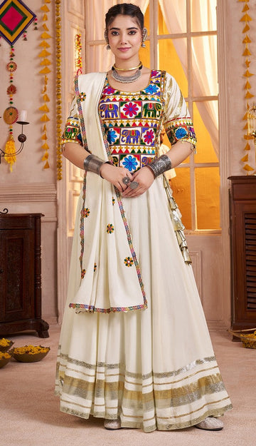 Lovely Cream Color Viscose Fabric Party Wear Lehenga