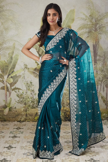 Beautiful Teal Color Turkey Fabric Casual Saree