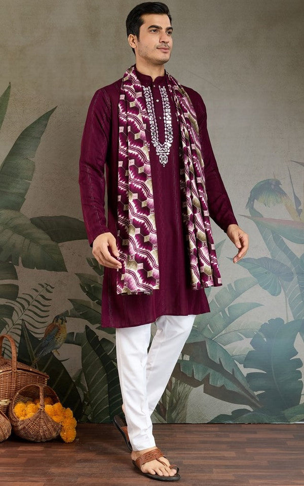 Superb Wine Color Viscose Fabric Mens Kurta
