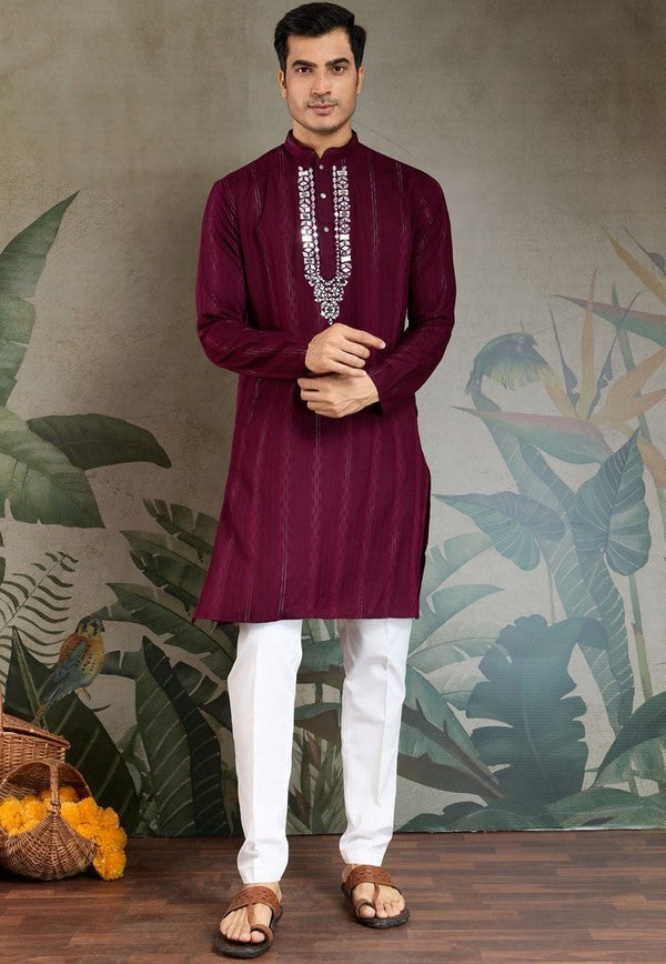 Superb Wine Color Viscose Fabric Mens Kurta
