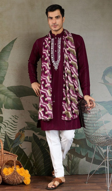 Superb Wine Color Viscose Fabric Mens Kurta