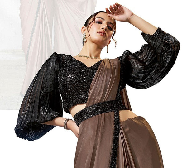 Lovely Brown Color Satin Fabric Readymade Saree