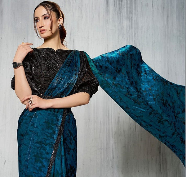 Lovely Teal Color Satin Fabric Readymade Saree