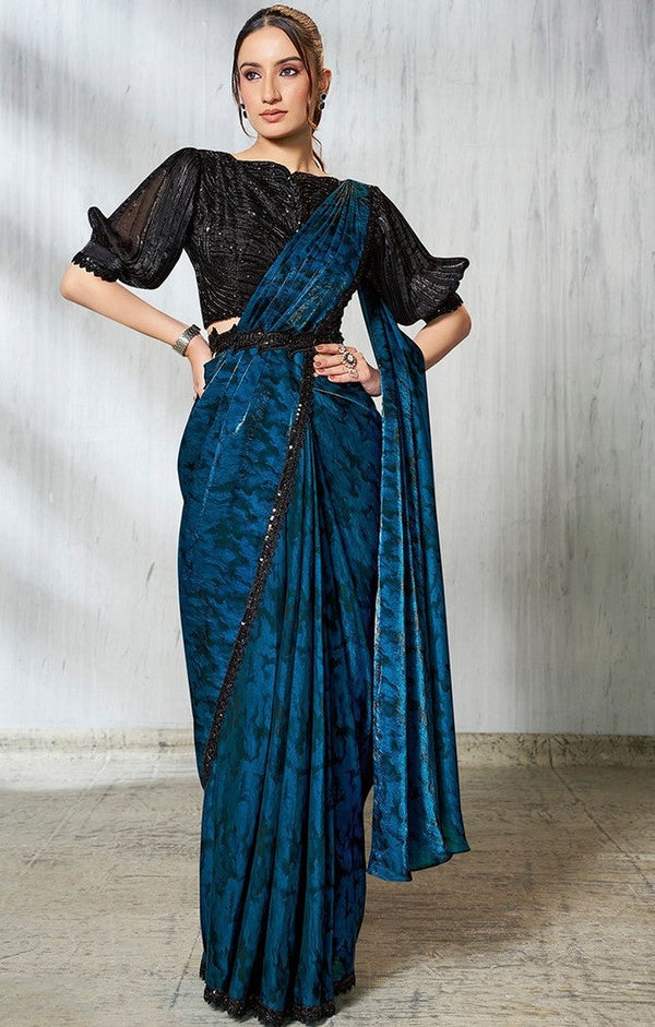 Lovely Teal Color Satin Fabric Readymade Saree