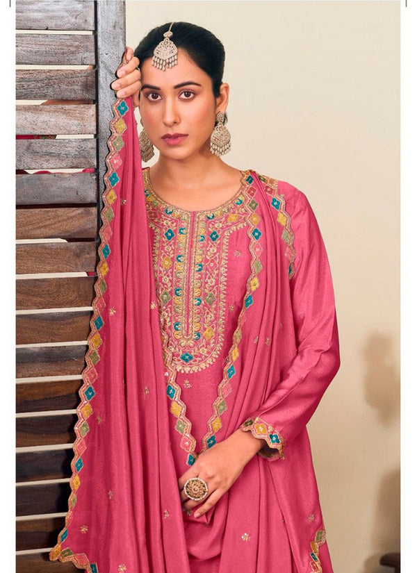 Striking Pink Color Chinon Fabric Partywear Suit