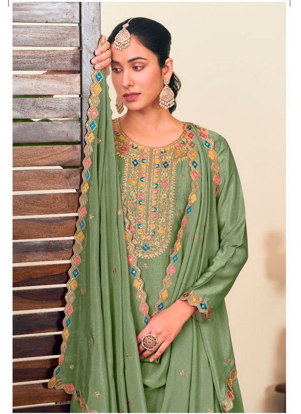 Striking Green Color Chinon Fabric Partywear Suit