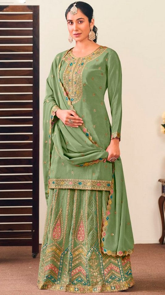 Striking Green Color Chinon Fabric Partywear Suit