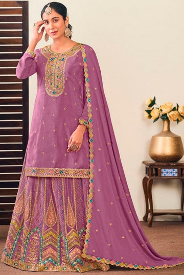 Striking Purple Color Chinon Fabric Partywear Suit