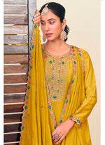 Striking Yellow Color Chinon Fabric Partywear Suit