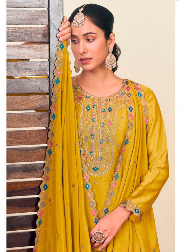 Striking Yellow Color Chinon Fabric Partywear Suit