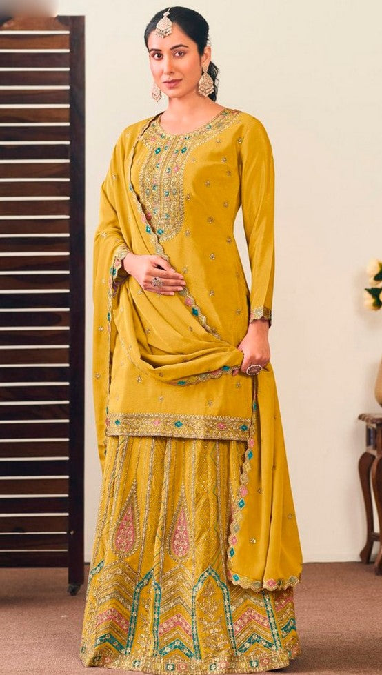Striking Yellow Color Chinon Fabric Partywear Suit