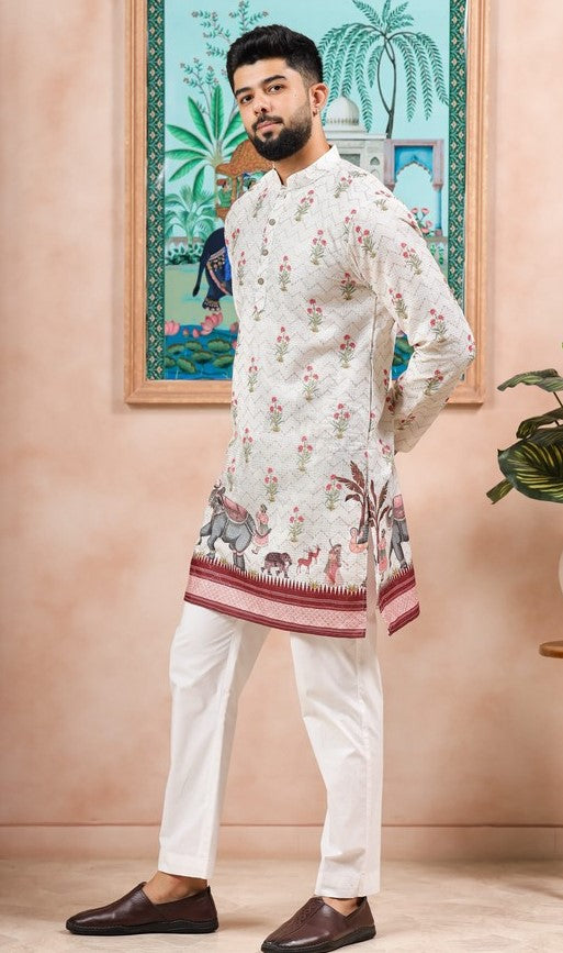 Amazing Cream Color Cotton Fabric Kurta Pajama