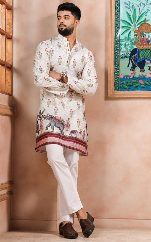 Amazing Cream Color Cotton Fabric Kurta Pajama