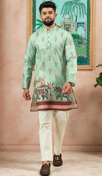 Amazing Green Color Cotton Fabric Kurta Pajama