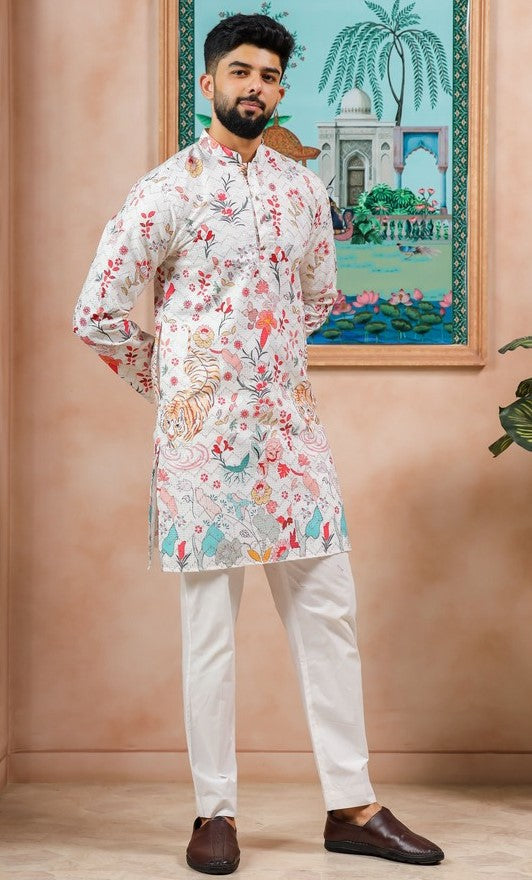 Amazing Cream Color Cotton Fabric Kurta Pajama