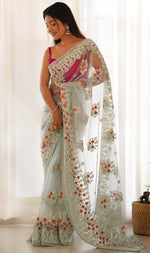Lovely Aqua Color Twill Fabric Partywear Saree