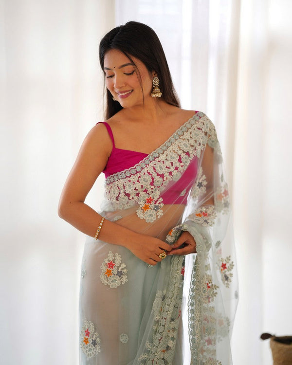 Lovely Aqua Color Twill Fabric Partywear Saree