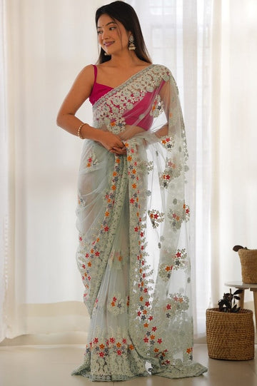 Lovely Aqua Color Twill Fabric Partywear Saree