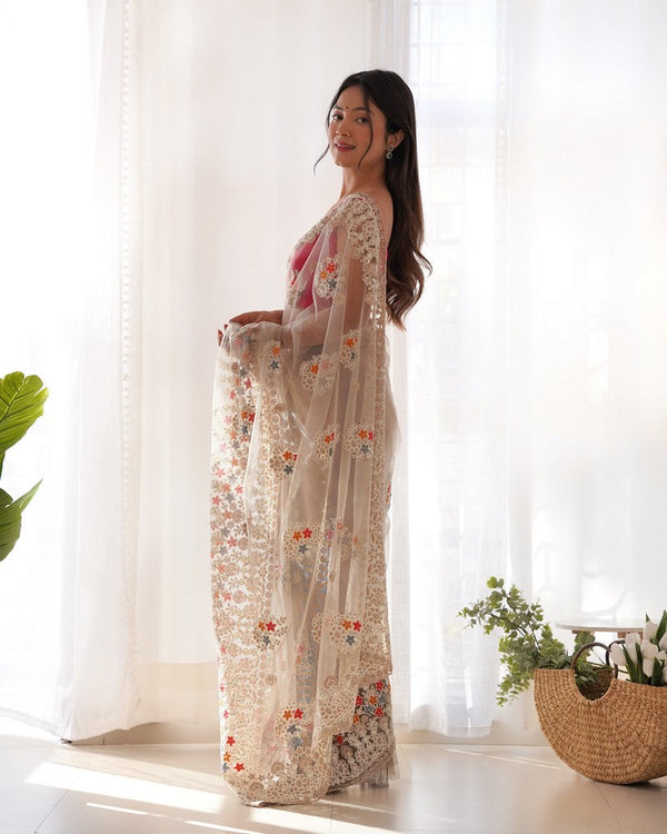 Lovely Beige Color Twill Fabric Partywear Saree