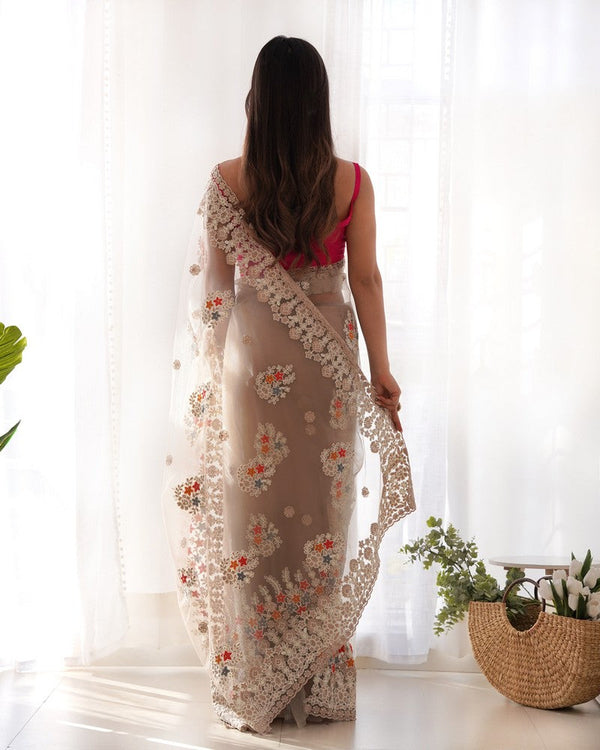 Lovely Beige Color Twill Fabric Partywear Saree