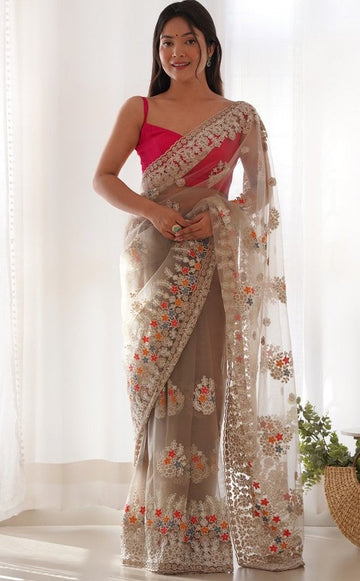 Lovely Beige Color Twill Fabric Partywear Saree