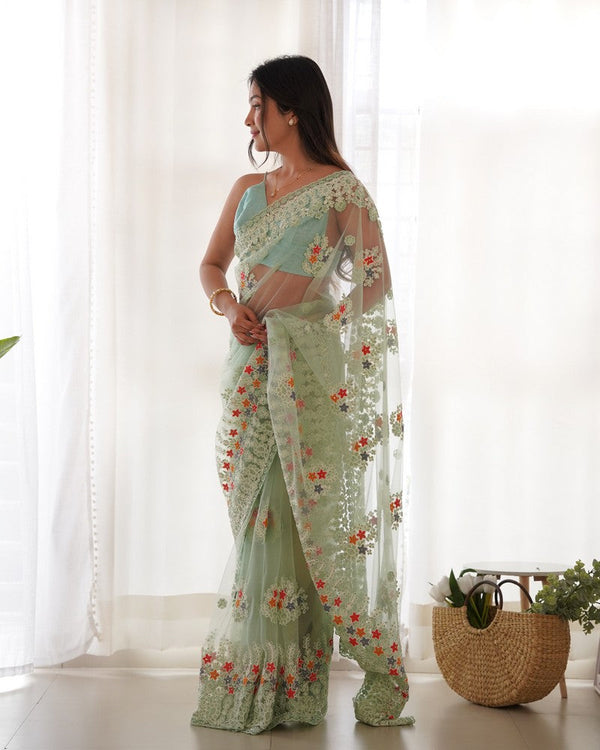 Lovely Green Color Twill Fabric Partywear Saree