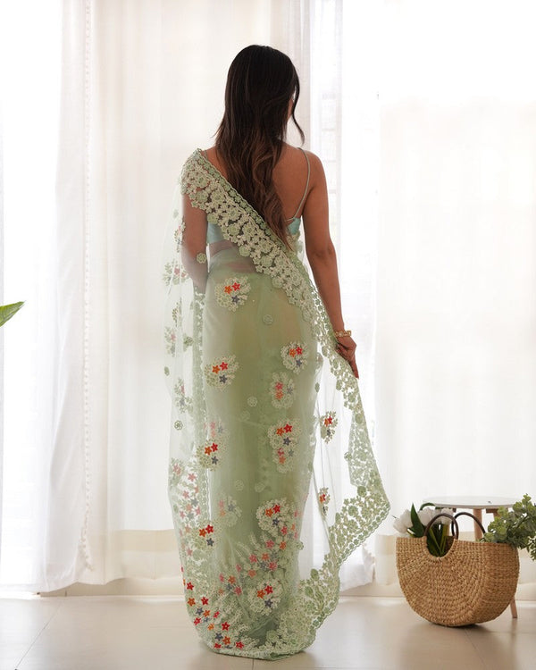 Lovely Green Color Twill Fabric Partywear Saree